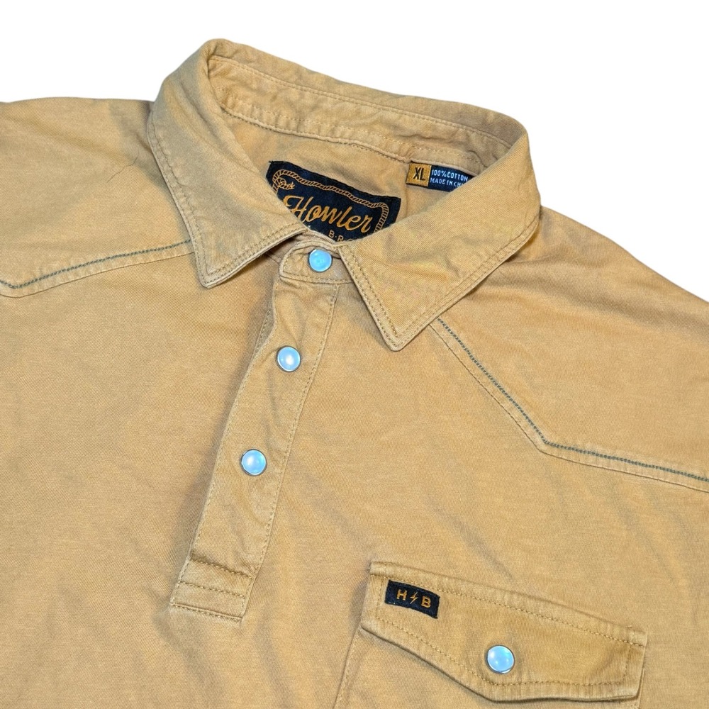 Howler Brothers Mens XL Tan Western Pearl Snap Polo Shirt Short Sleeve Cotton